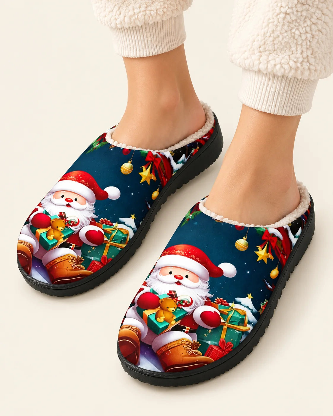Santa Print Sherpa Slippers